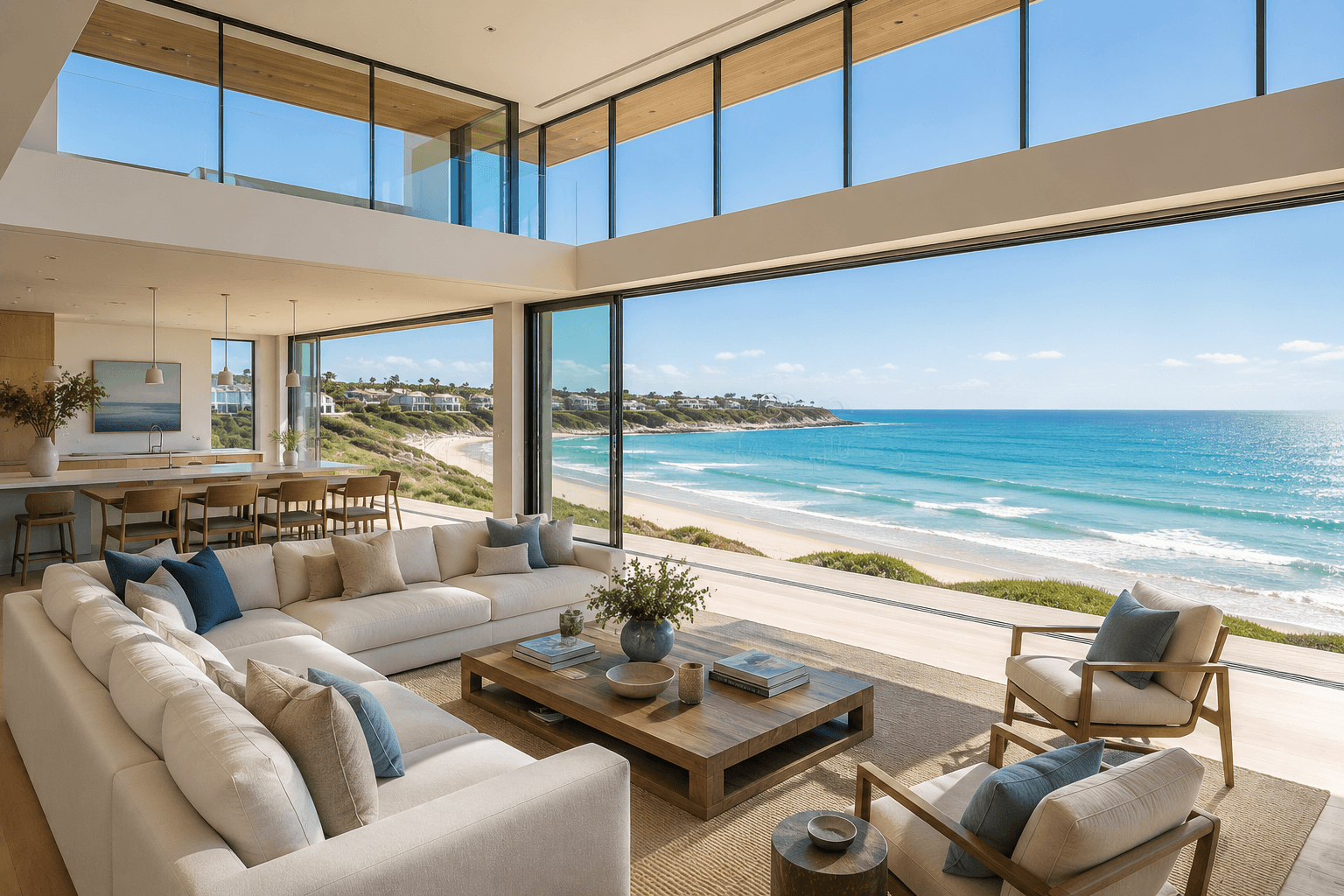 Luxury coastal living room opening to the beach at golden hour, with ocean views through floor-to-ceiling glass
